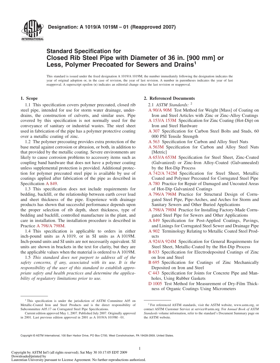 ASTM A1019 - A 1019M - 01 (2007).pdf_第1页