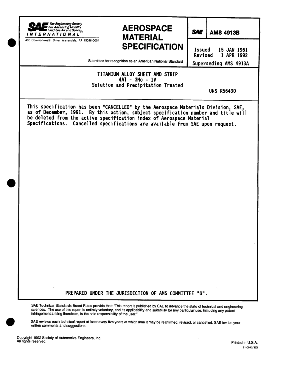 SAE AMS 4913B-1992 scan.pdf_第1页