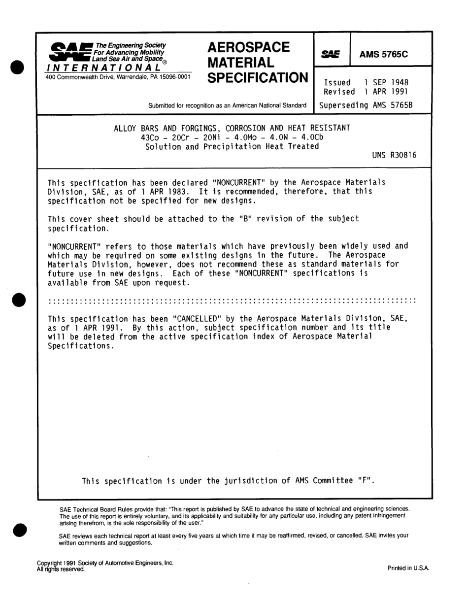 SAE AMS 5765C-1991 scan.pdf_第1页