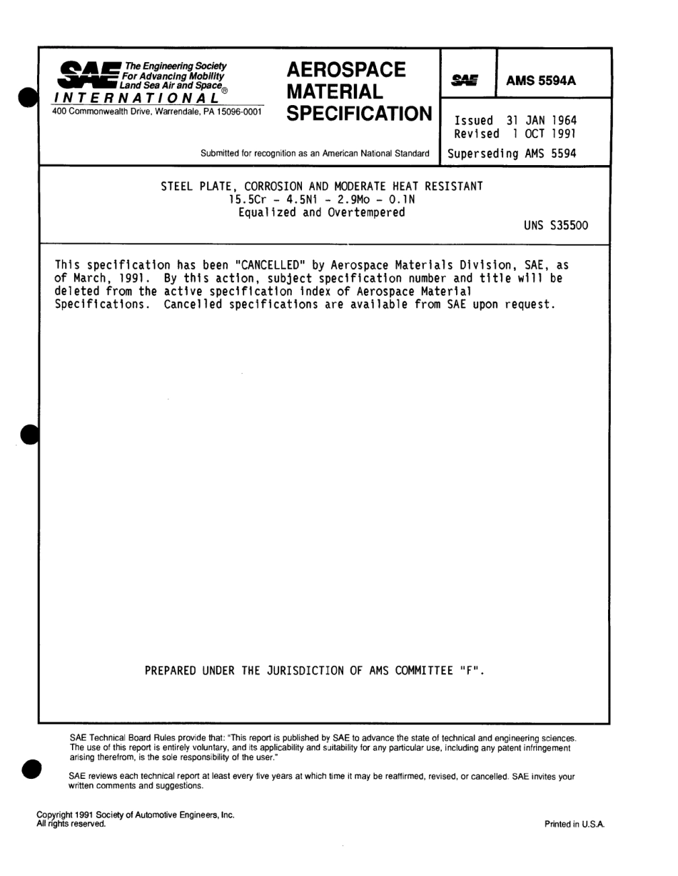 SAE AMS 5594A-1991 scan.pdf_第1页