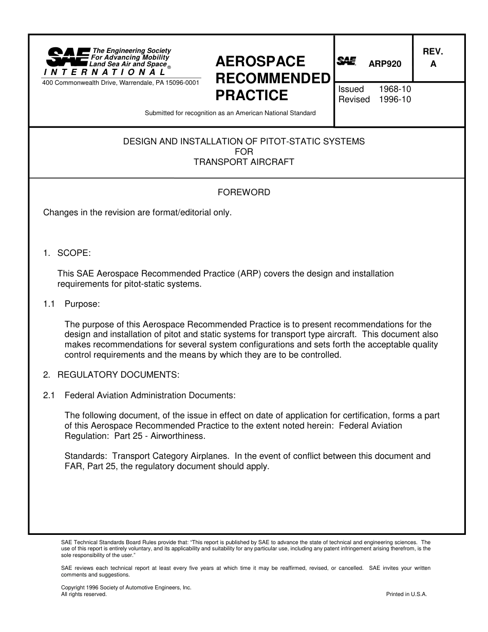 SAE ARP 920A-1996.pdf_第1页