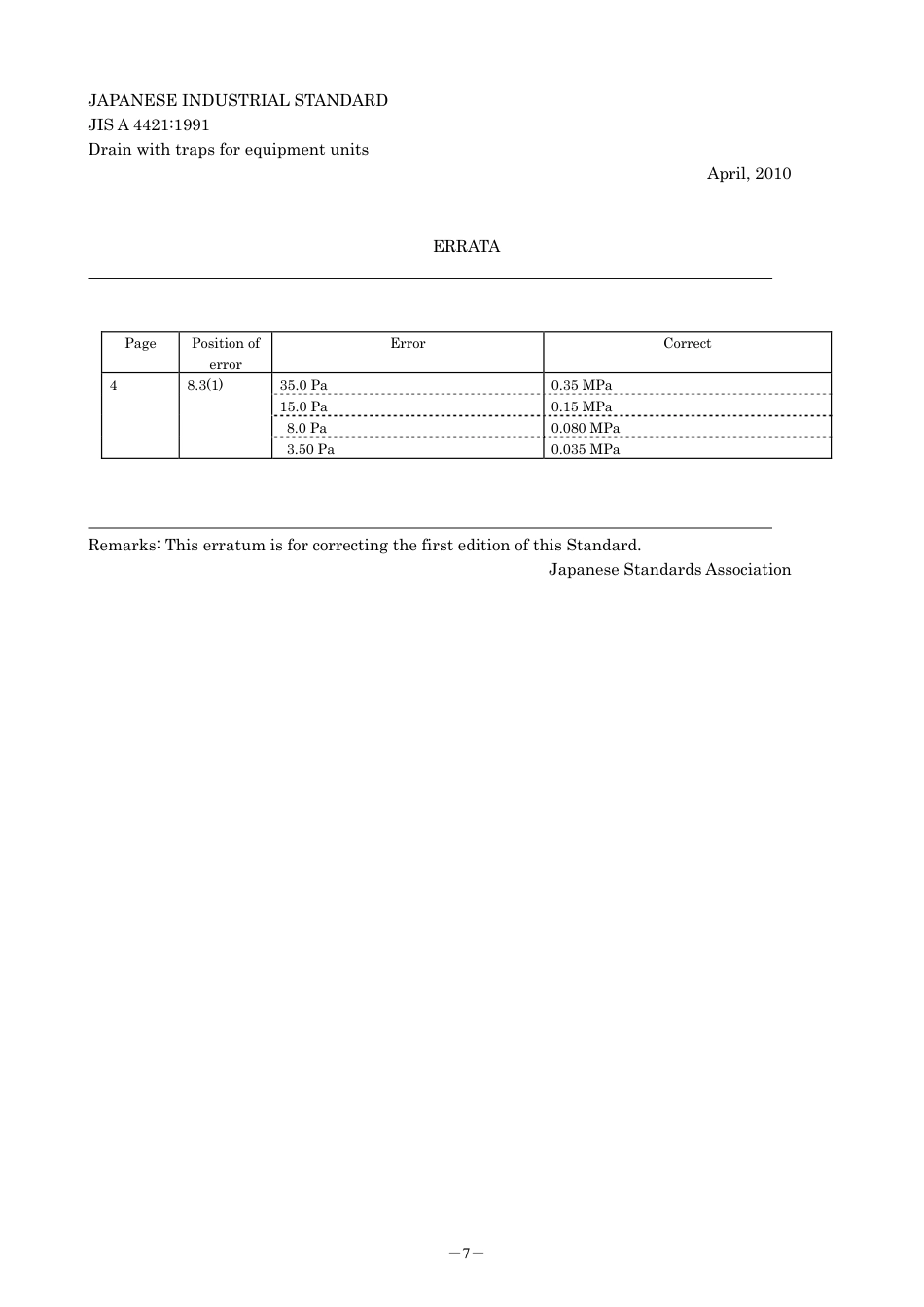 JIS A 4421-1991 errata 2010.pdf_第1页