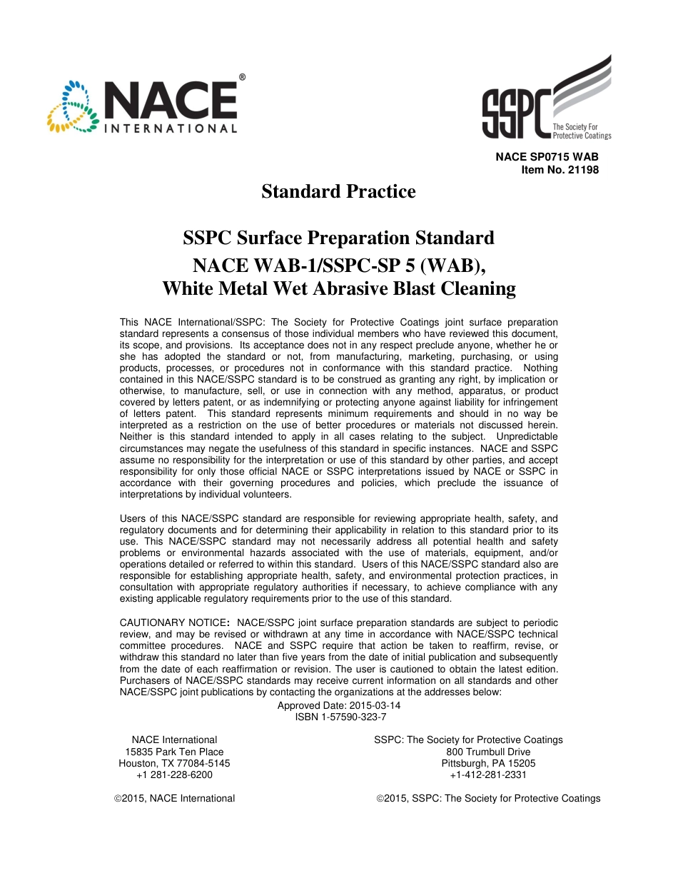 NACE WAB-1-2015 (NACE SP0715) SSPC-SP 5 (WAB).pdf_第1页