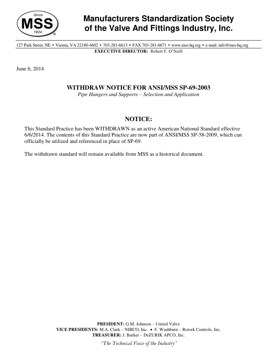 MSS SP-69-2003 withdraw notice 2014.pdf_第1页