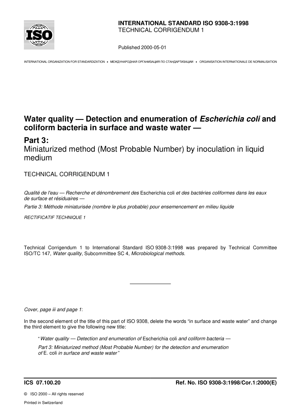 ISO 09308-3-1998 cor1-2000.pdf_第1页