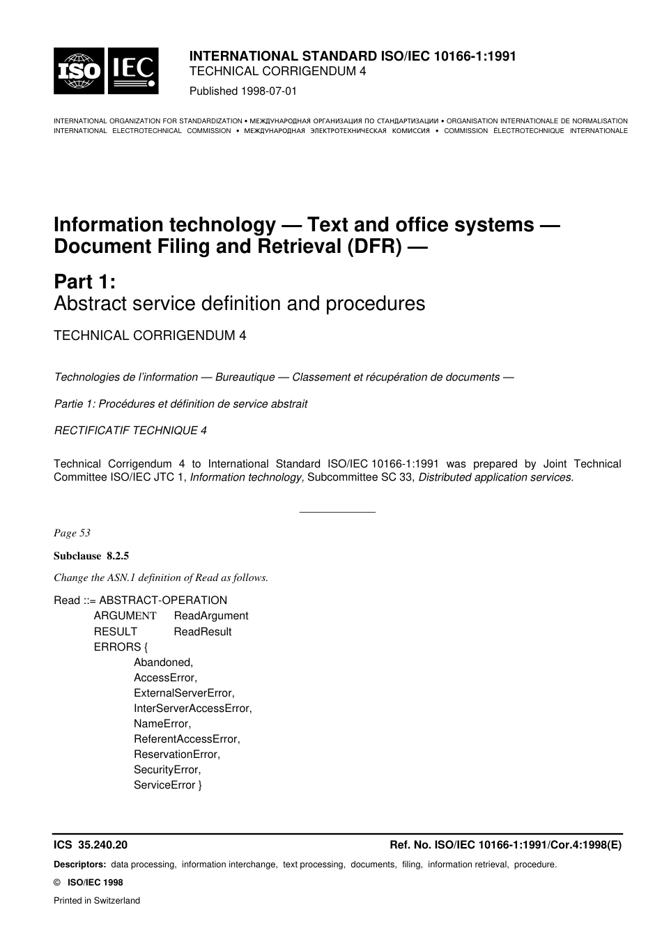 ISO IEC 10166-1-1991 cor4-1998.pdf_第1页