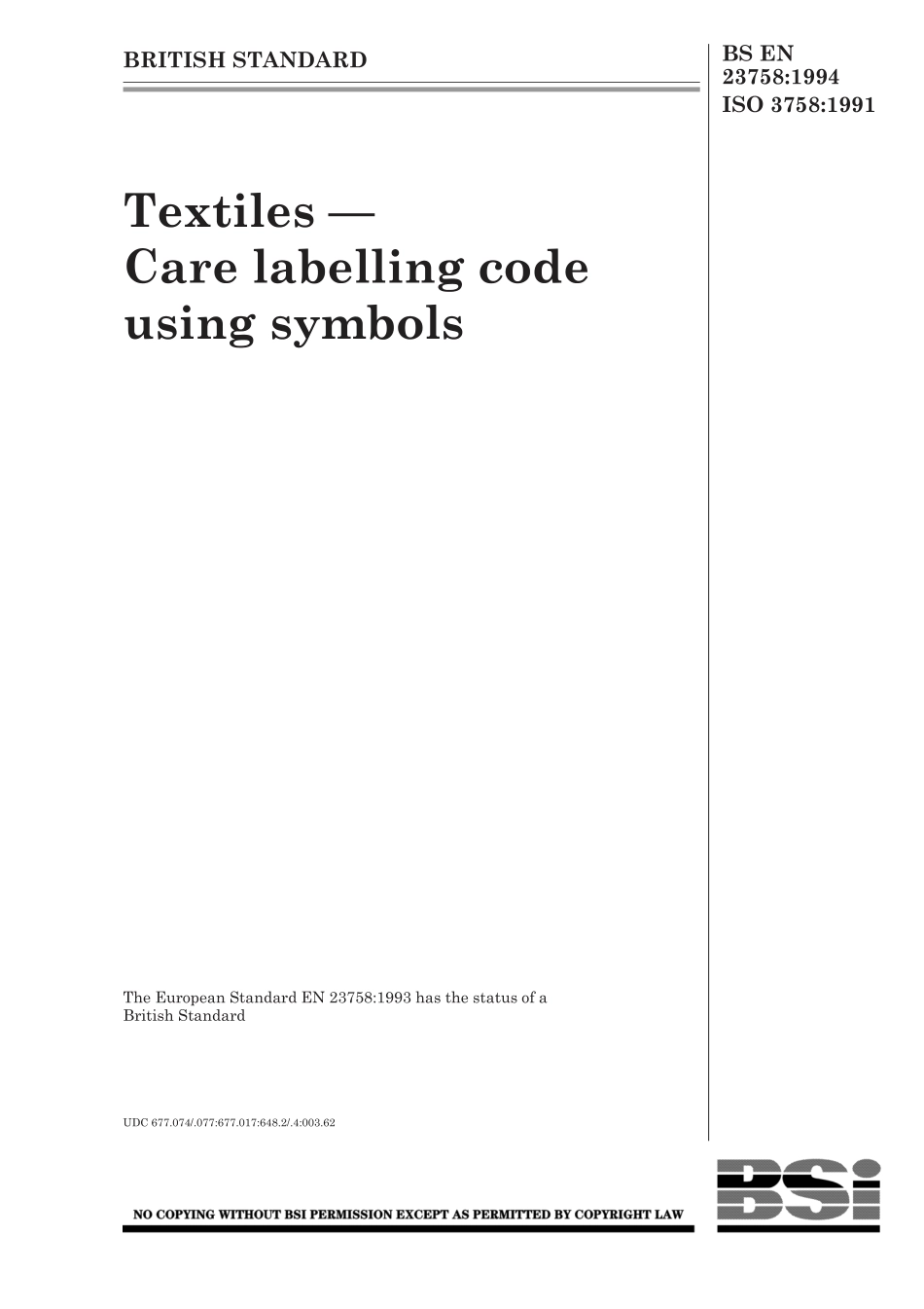 BS EN 23758-1994 (1998) ISO 3758-1991.pdf_第1页
