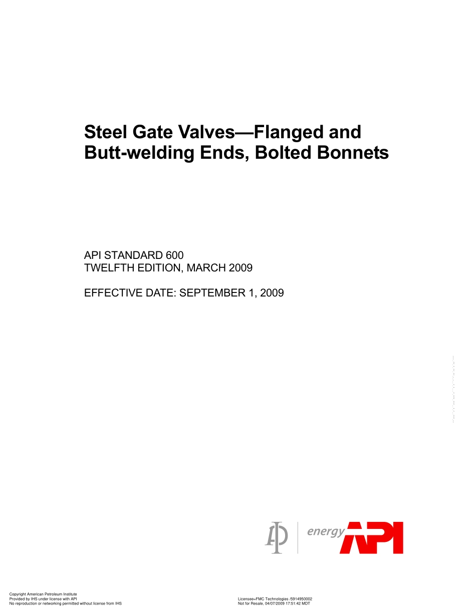 API 600 - 2009 Steel gate valves-flanged and butt welded ends , bolted bonnet.pdf_第1页
