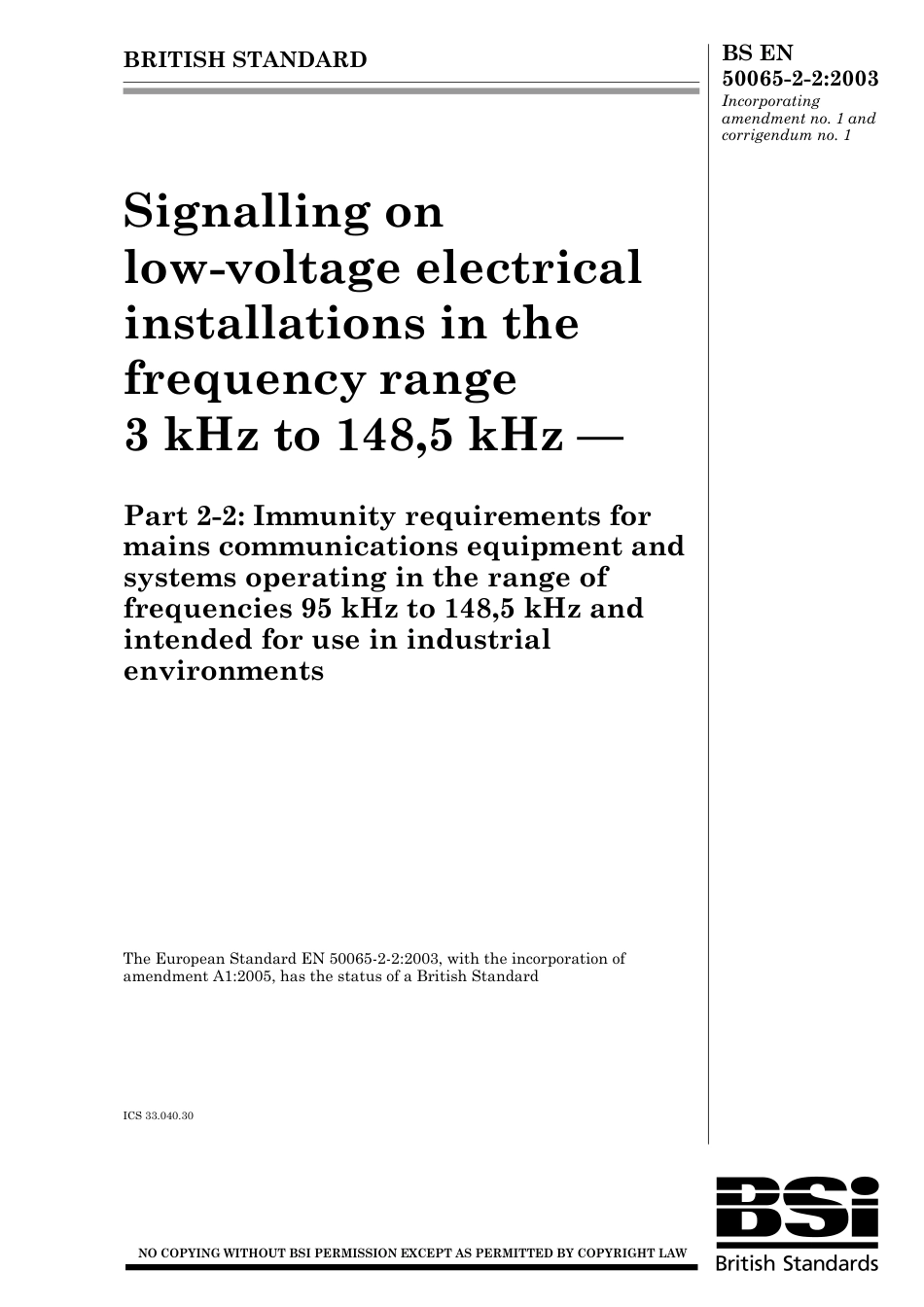 BS EN 50065-2-2-2003 (2007).pdf_第1页