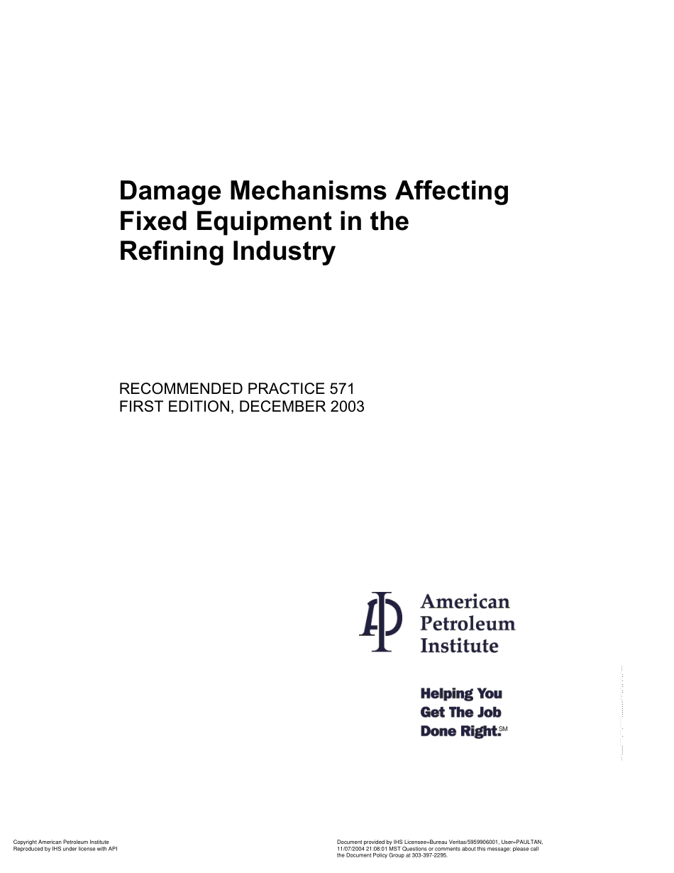 API RP 571-2003 Damage Mechanisms Affecting Fixed Equipment in the Refining Industry.pdf_第1页