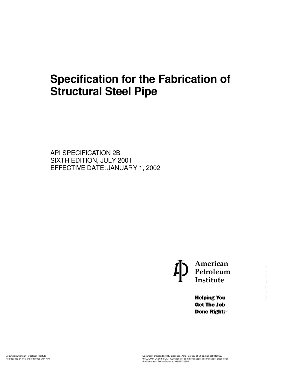 API Spec 2B 2001 Specification for the Fabrication of Structural Steel Pipe.pdf_第1页
