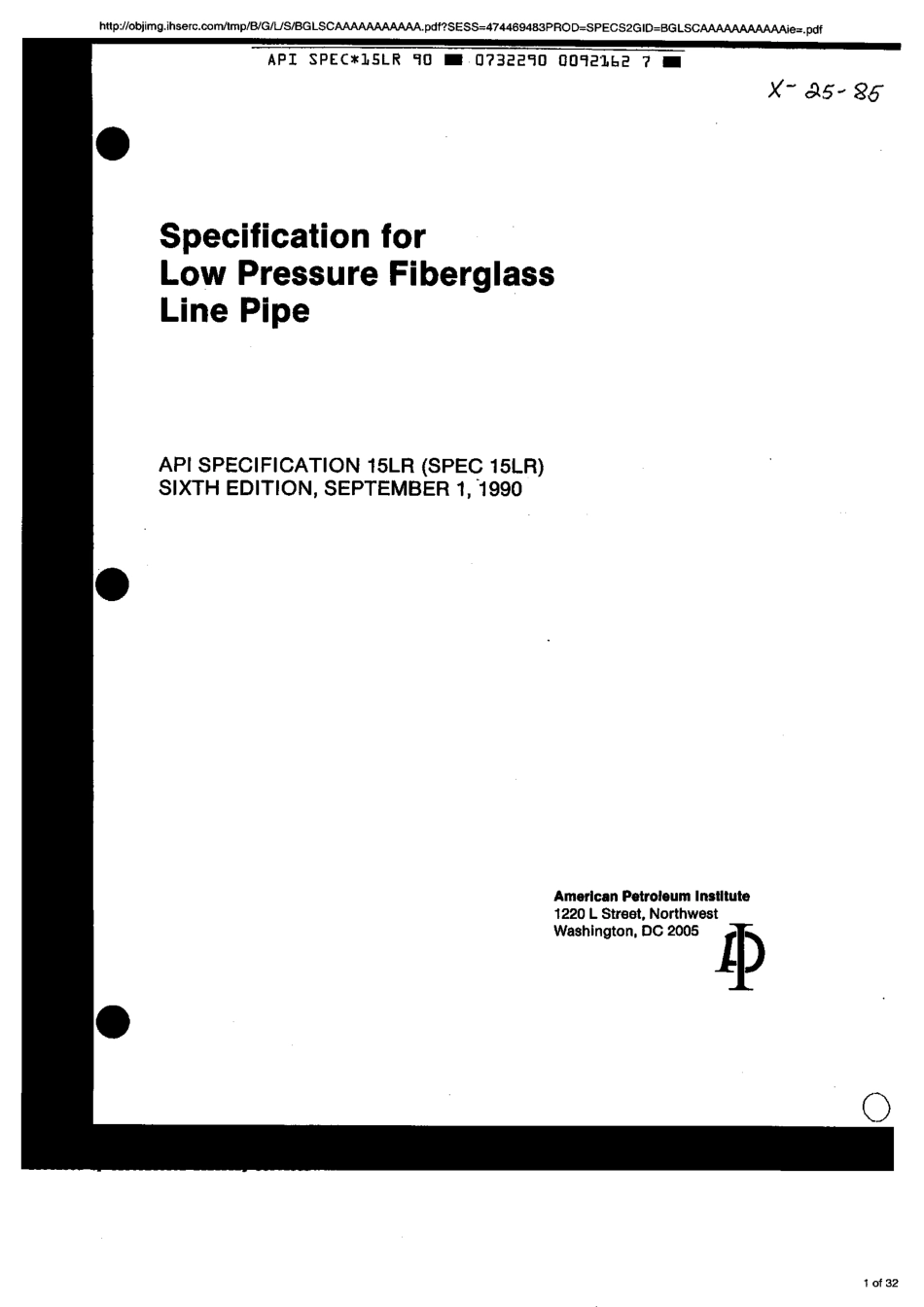 API Spec 15LR 1990 Specification for Low Pressure Fiberglass Line Pipe.pdf.pdf_第1页