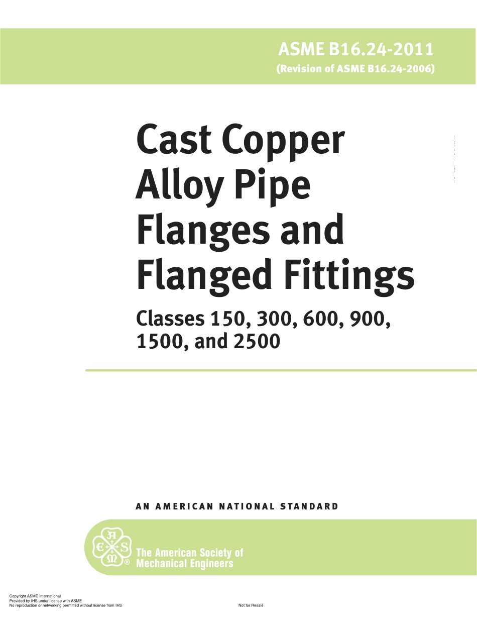 ASME B16.24-2011 Cast Copper Alloy Pipe Flanges and Flanged Fittings; Classes 15.pdf_第1页