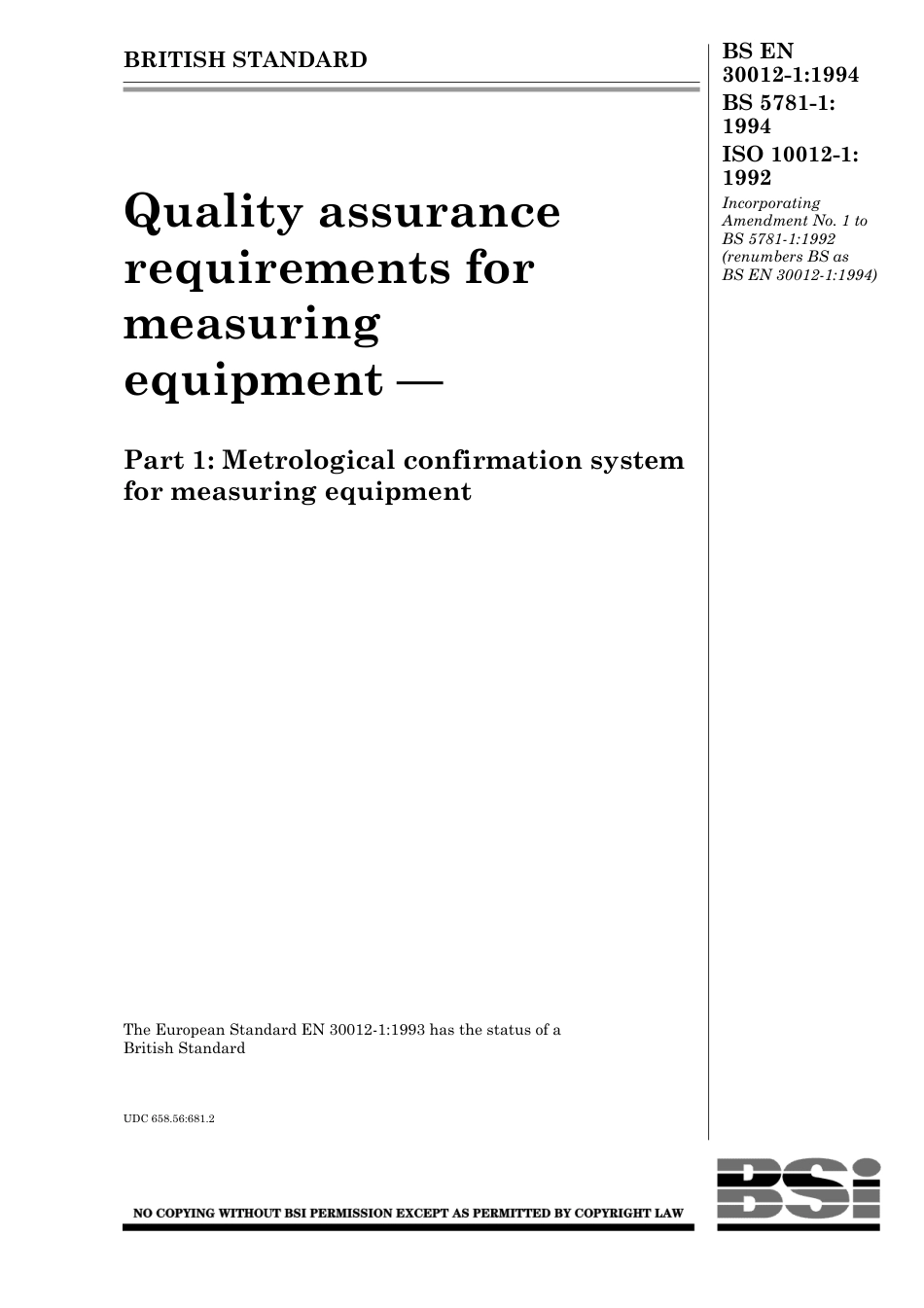 BS EN 30012-1-1994 (1998) BS 5781-1-1994, ISO 10012-1-1992.pdf_第1页