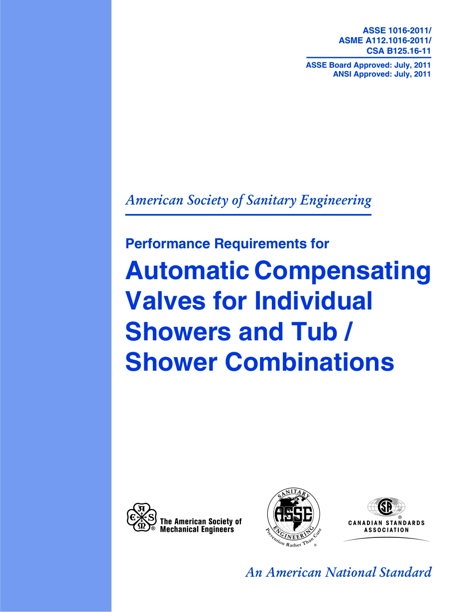 ASSE 1016 - 2011 AUTOMATIC COMPENSATING VALVES FOR INDIVIDUAL SHOWER AND TUB - SHOWER COMBINATIONS.pdf_第1页