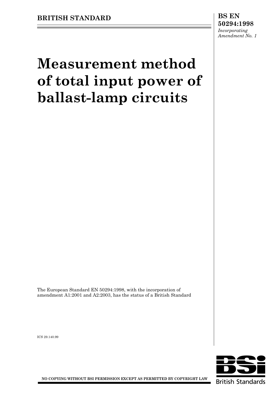 BS EN 50294-1998 (2003).pdf_第1页