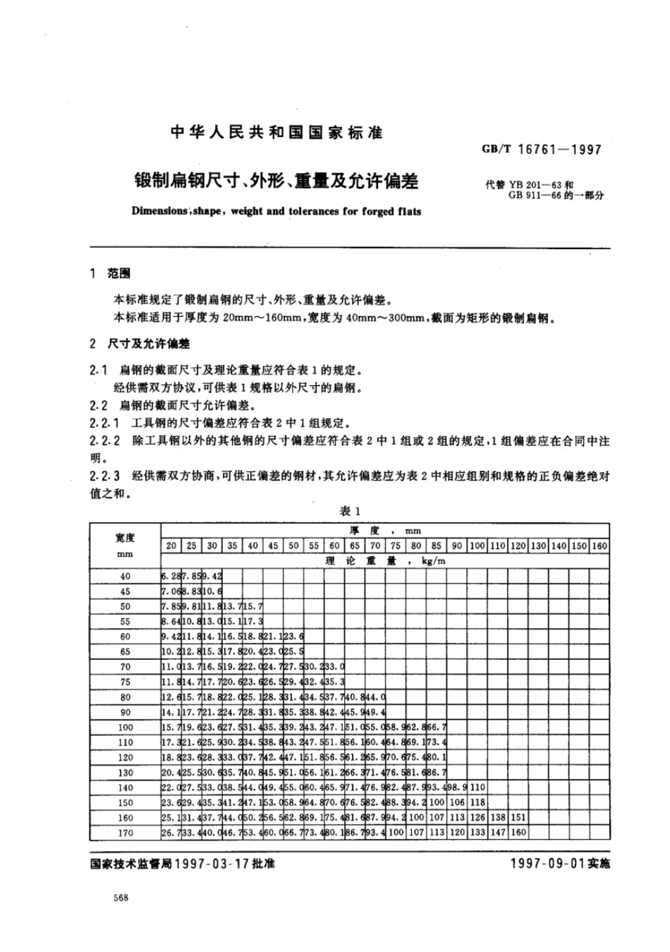 GB T 16761-1997 锻制扁钢尺寸、外形、重量及允许偏差 标准.pdf_第2页