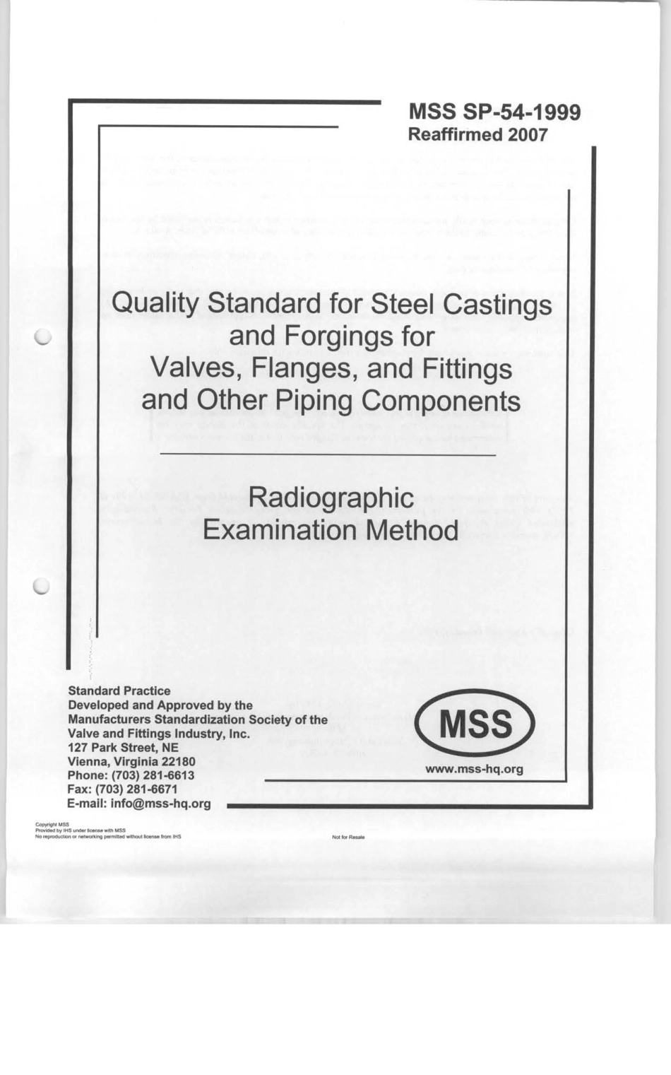 MSS SP-54-1999(R2007) 阀门、法兰、管件和其他管道部件用铸钢件质量标准—射线照相检验方法.pdf_第1页