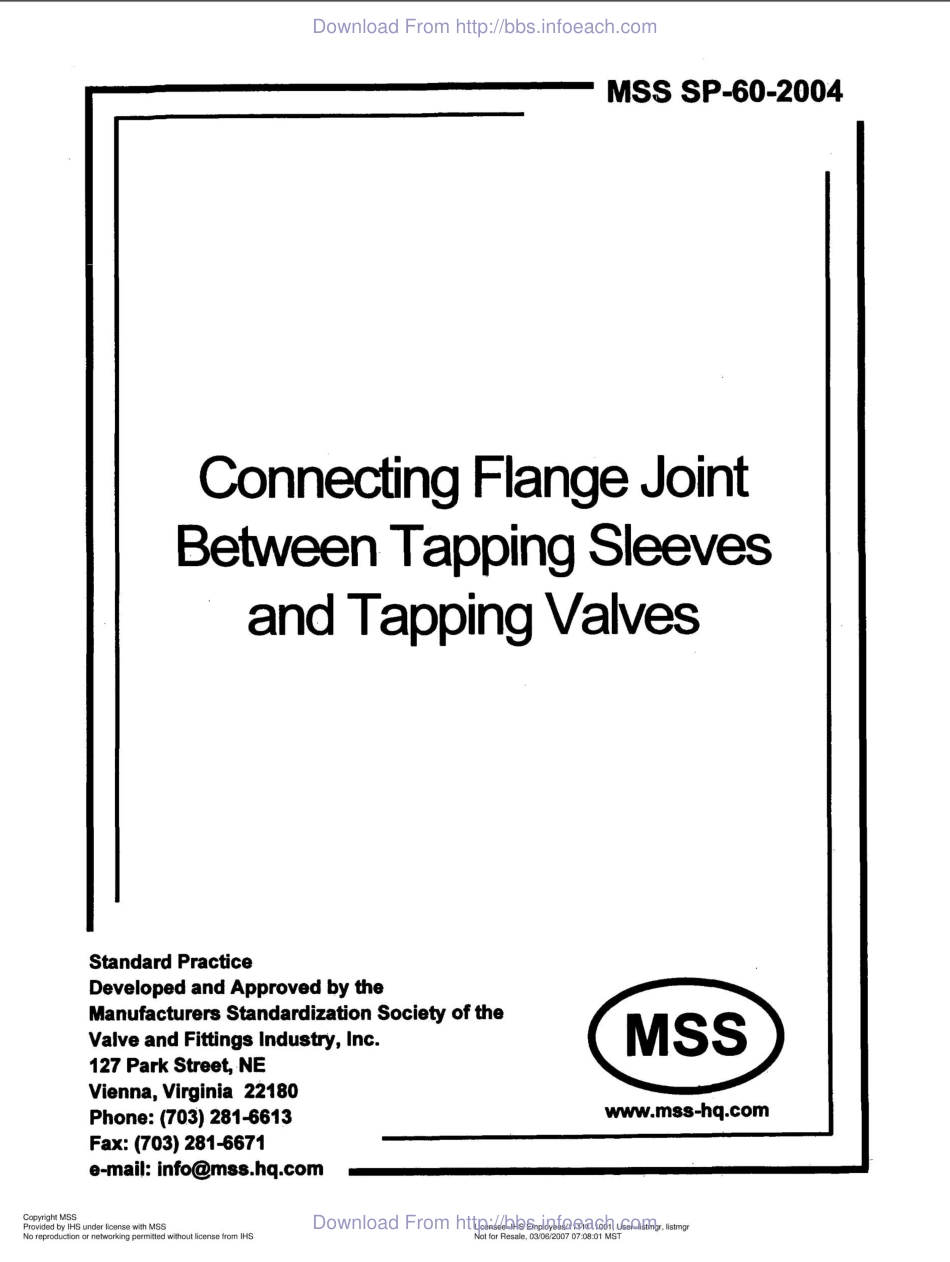 MSS SP-60-2004 Connecting Flange Joint Between Tapping Sleeves and Tapping Valves.pdf_第1页