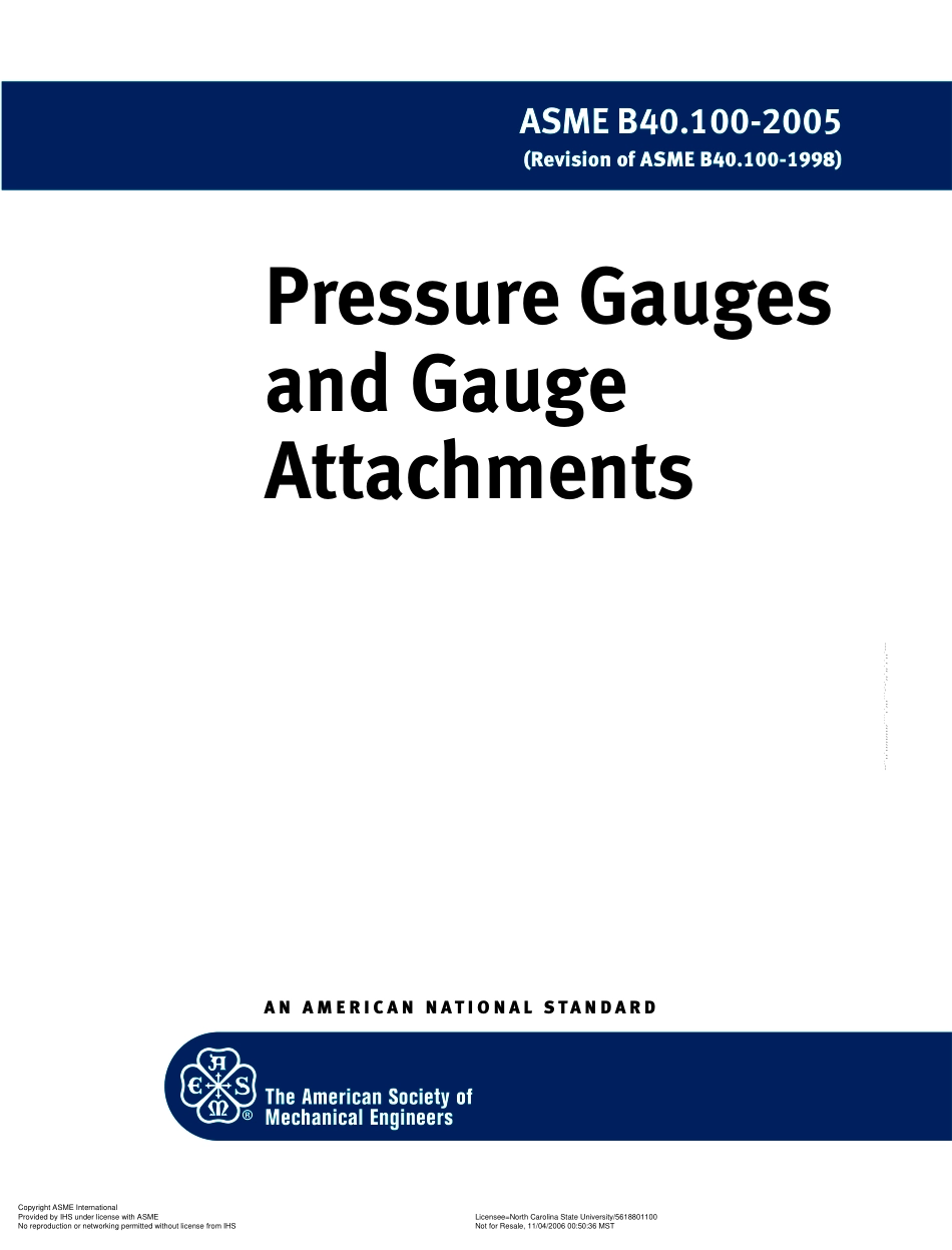 ASME B40.100-2005 PRESSURE GAUGES AND GAUGE ATTACHMENTS, INCLUDING B40.1,  B40.2,  B40.5,  B40.6 & B40.7.pdf_第1页