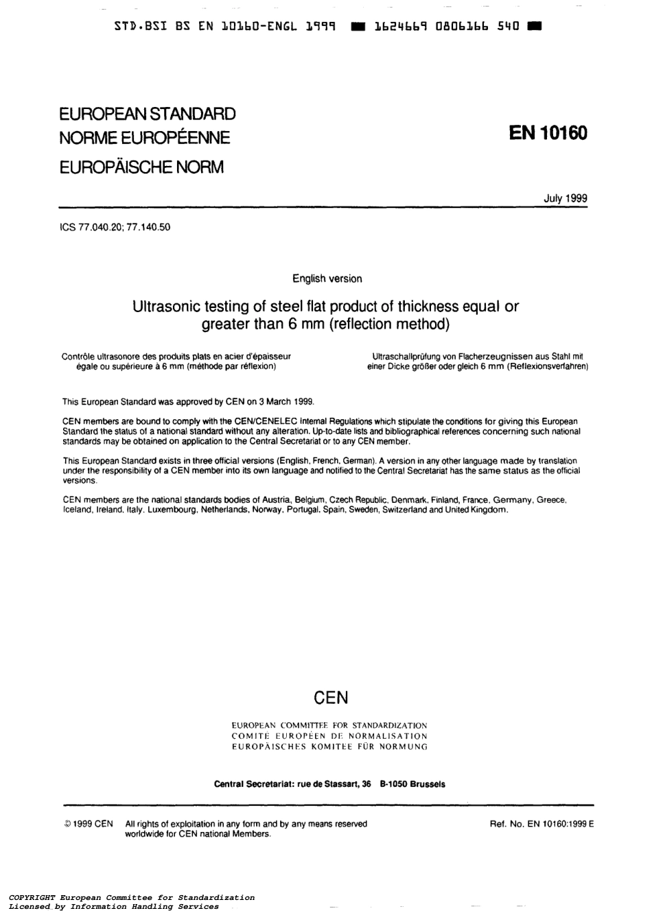 BS EN 10160-1999 Ultrasonic testing of steel flat product of thickness equal or.pdf_第3页