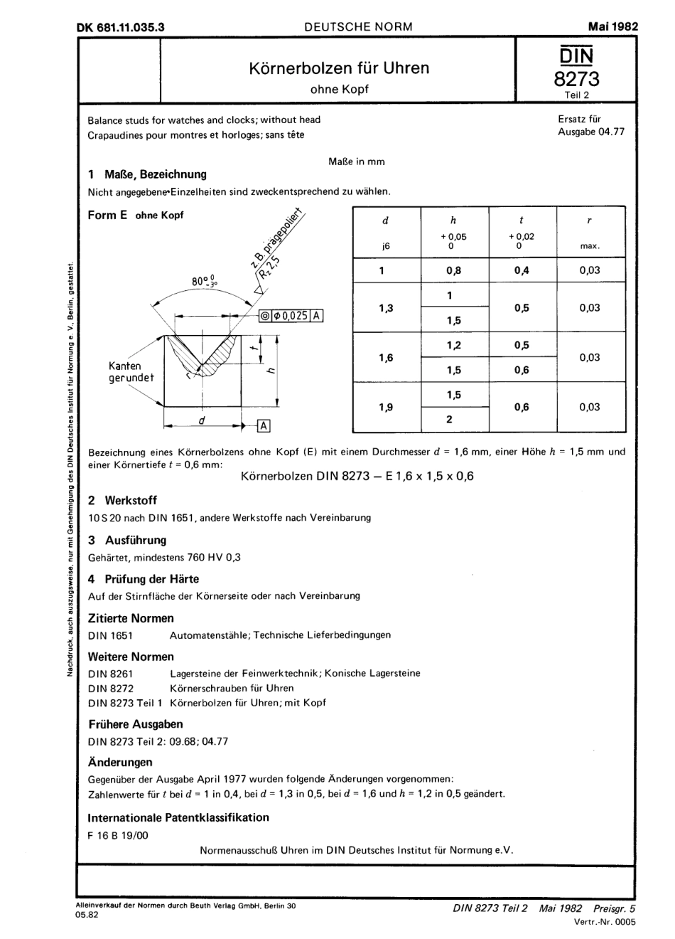 DIN 8273-2 1982 Balance studs for watches and clocks.pdf_第1页