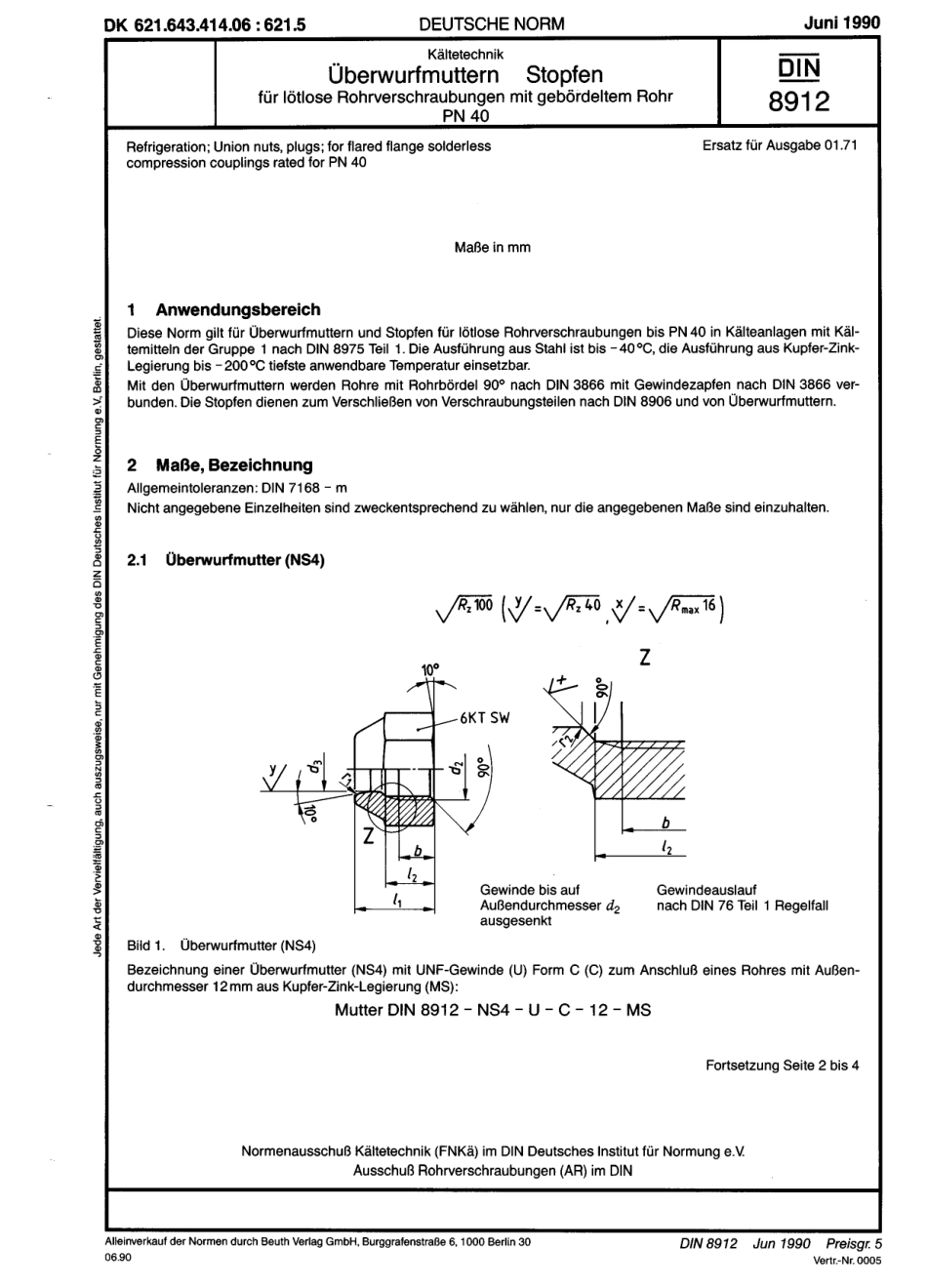 DIN 8912 1990 Coupling nuts and screwed plugs for use with PN 40 flared flange s.pdf_第1页
