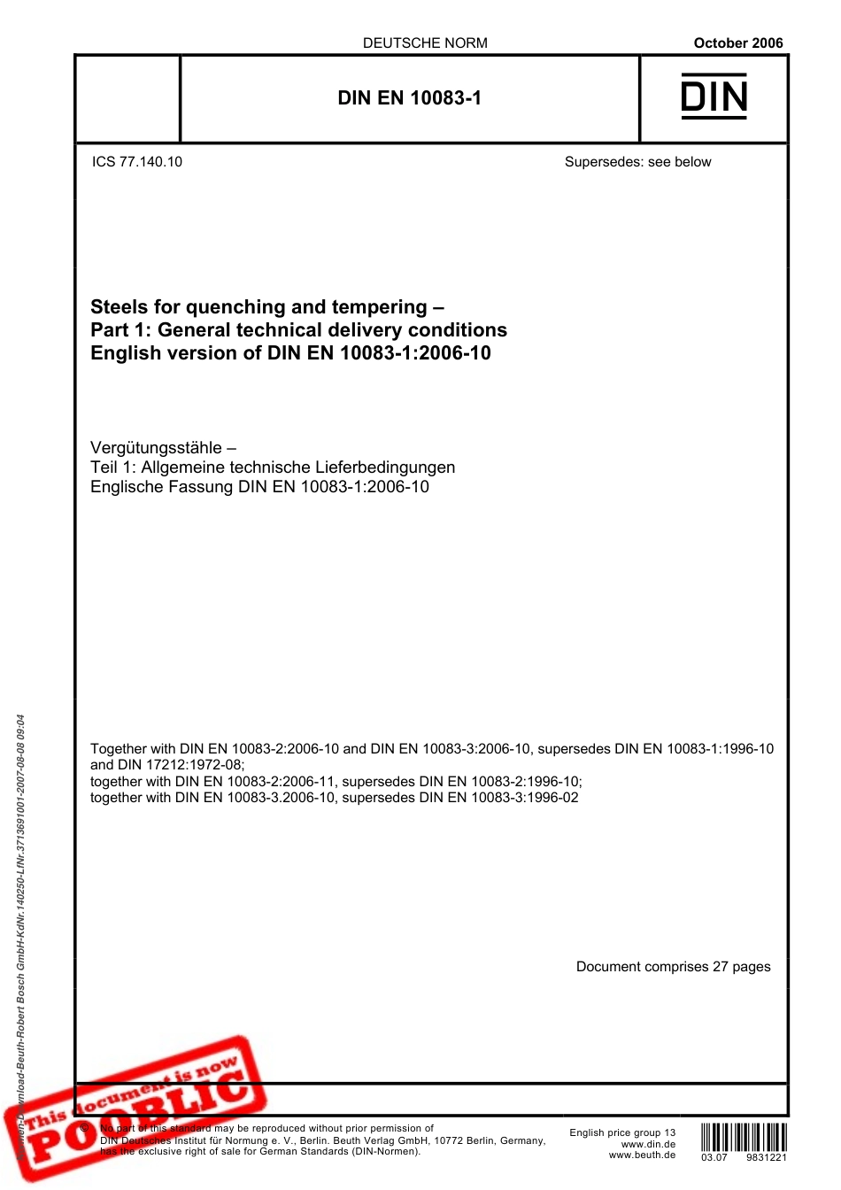 DIN EN 10083-1-2006 (EN) ᴾᴼᴼᴮᴸᴵᶜᴽ.pdf_第1页