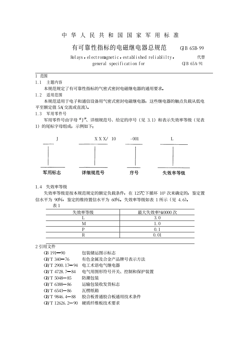GJB 65B-99 有可靠性指标的电磁继电器总规范.pdf_第1页