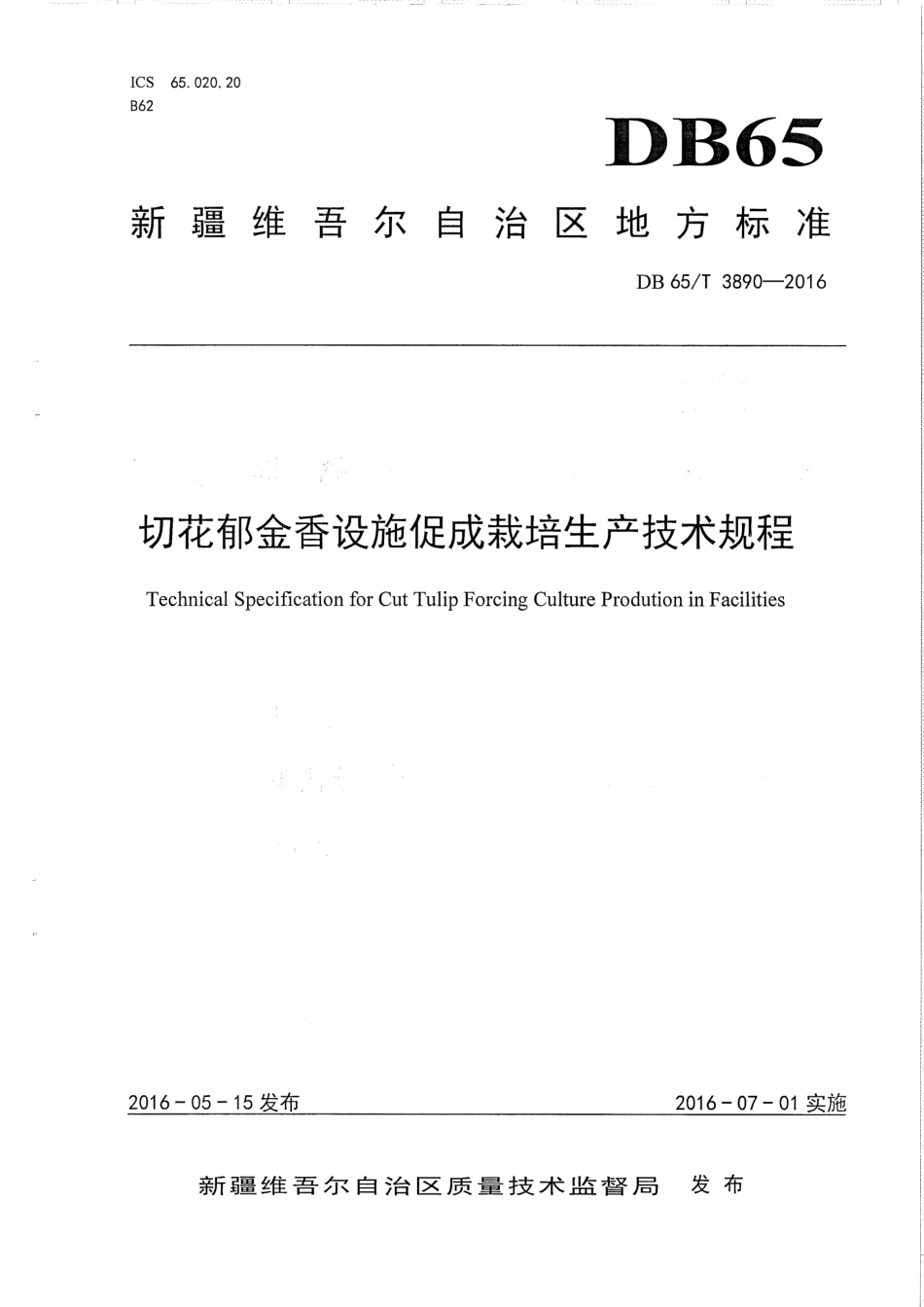【地方标准】DB65∕T 3890-2016 切花郁金香设施促成栽培生产技术规程.pdf_第1页