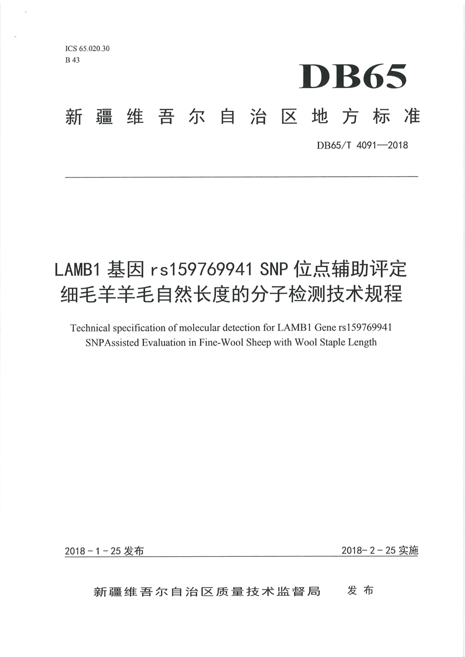 【地方标准】DB65∕T 4091-2018 LAMB1基因rs159769941 SNP位点辅助评定细毛羊羊毛自然长度的分子检测技术规程.pdf_第1页