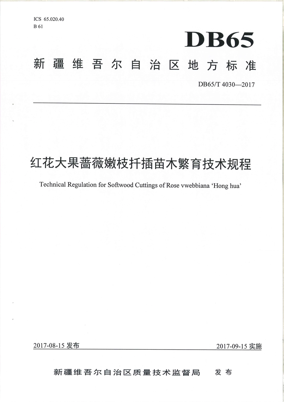 【地方标准】DB65∕T 4030-2017 红花大果蔷薇嫩枝扦插苗木繁育技术规程.pdf_第1页