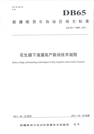 【地方标准】DB65∕T 3989-2017 花生膜下滴灌高产栽培技术规程.pdf