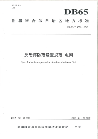 【地方标准】DB65∕T 4079-2017 反恐怖防范设置规范 电网.pdf