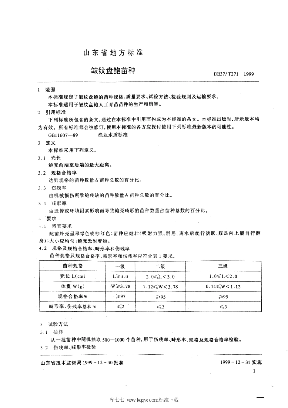 【地方标准】DB37∕T 271-1999 皱纹盘鲍苗种.pdf_第3页