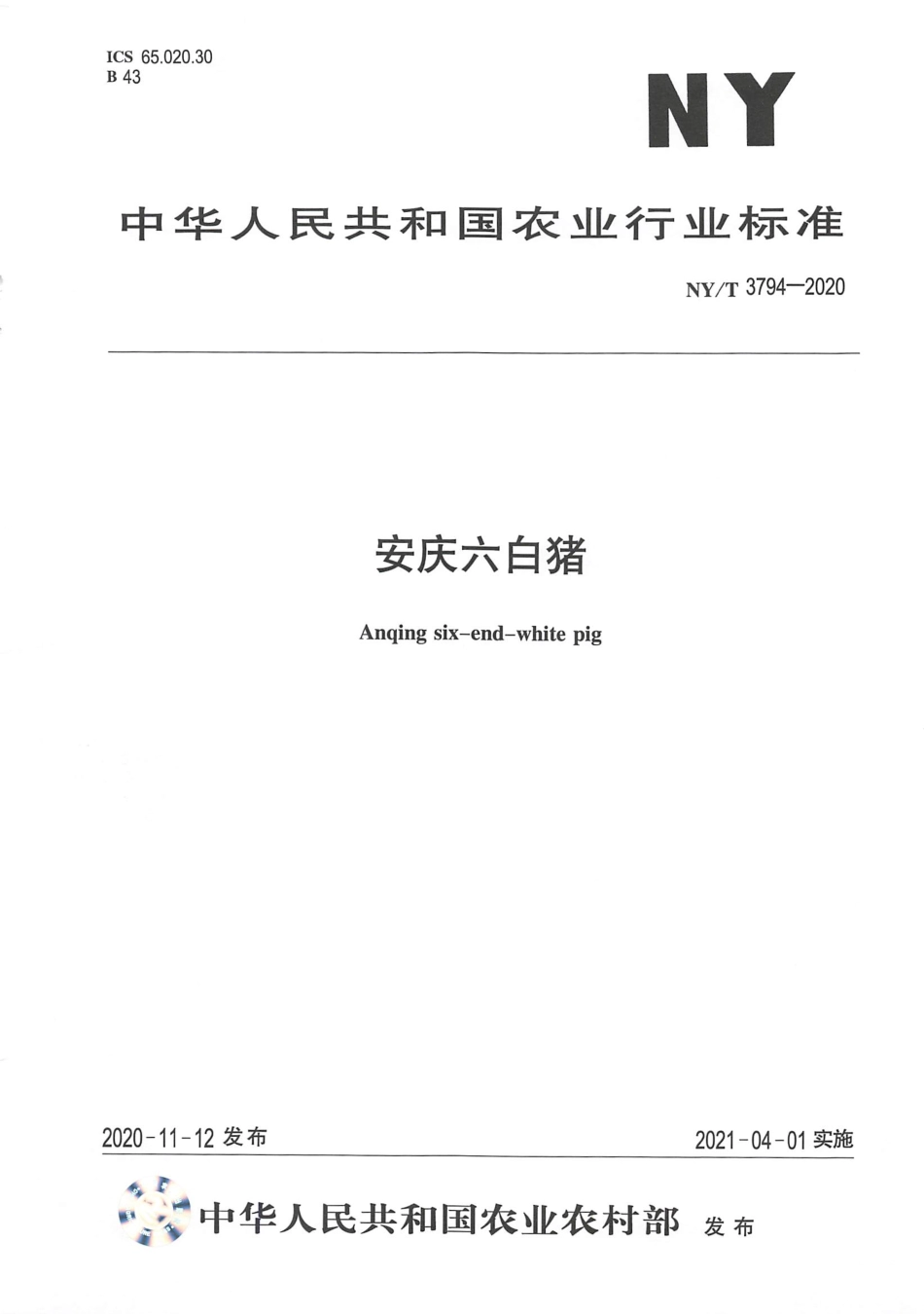 NY∕T 3794-2020 安庆六白猪.pdf_第1页