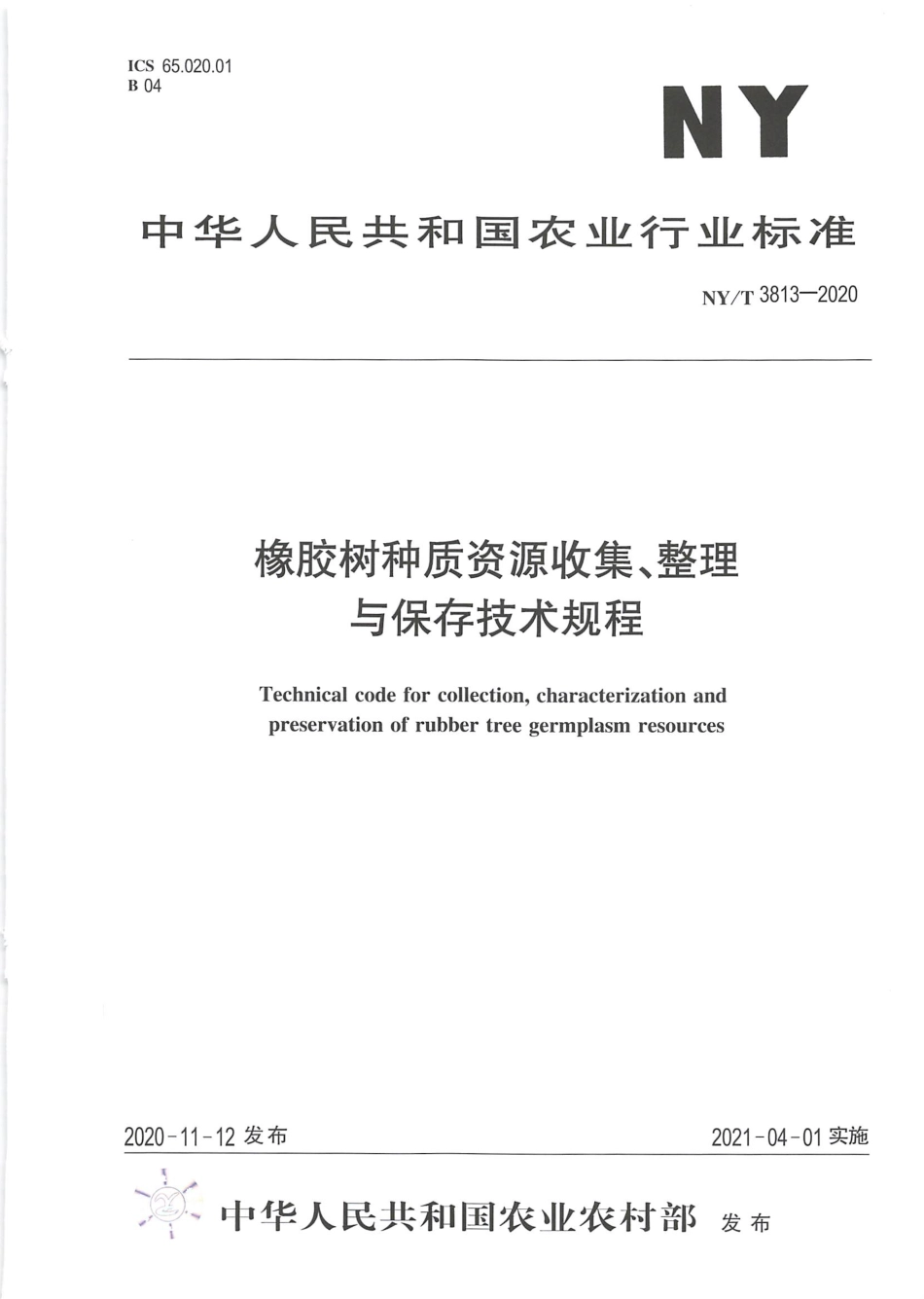 NY∕T 3813-2020 橡胶树种质资源收集、整理与保存技术规程.pdf_第1页