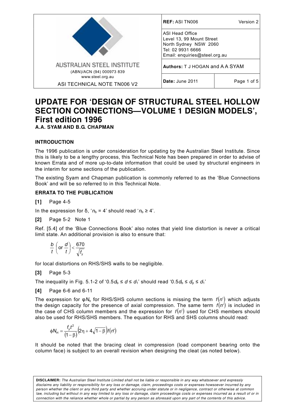 ASI TN006 2011 Update for &amp;#039;Design of Structural Steel Hollow Section Connec.pdf_第1页