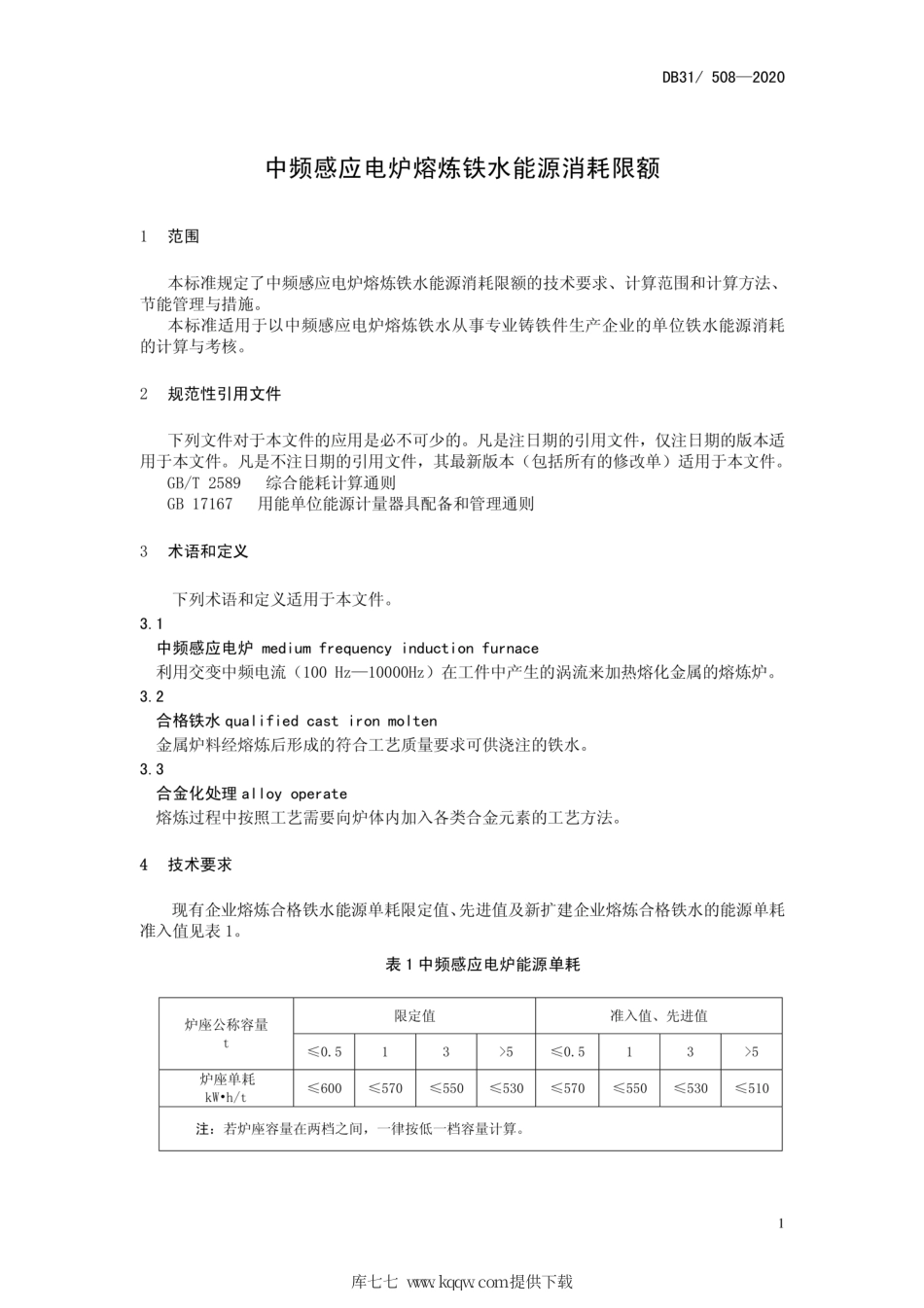 【地方标准】DB31∕508-2020 中频感应电炉熔炼铁水能源消耗限额.pdf_第3页