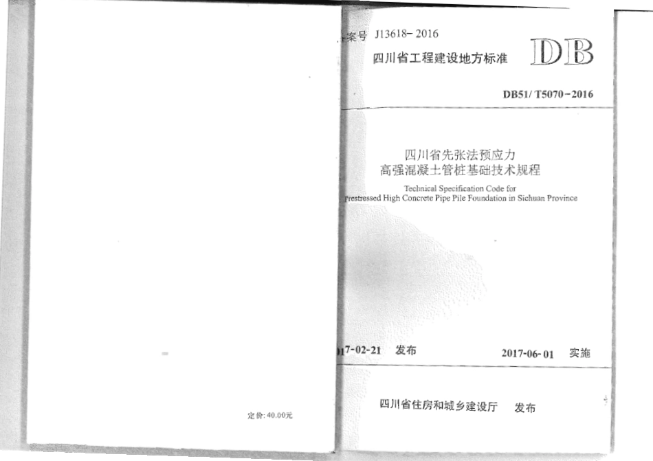 【地方标准】DB51T 5070-2016 四川省先张法预应力高强混凝土管桩基础技术规程.pdf_第1页