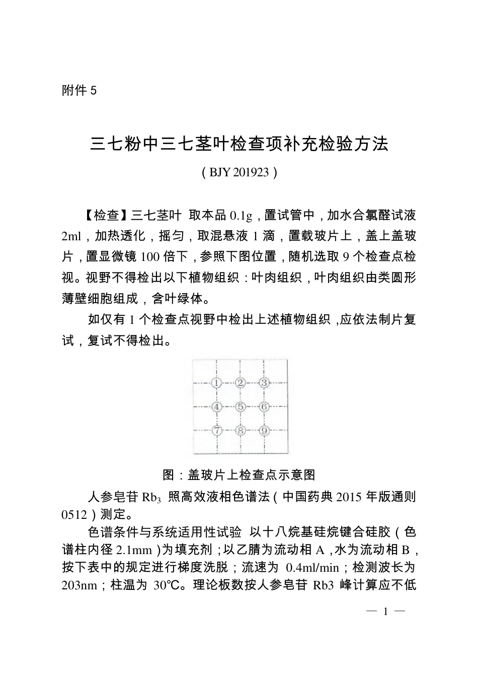BJY 201923 三七粉中三七茎叶检查项补充检验方法.pdf_第1页