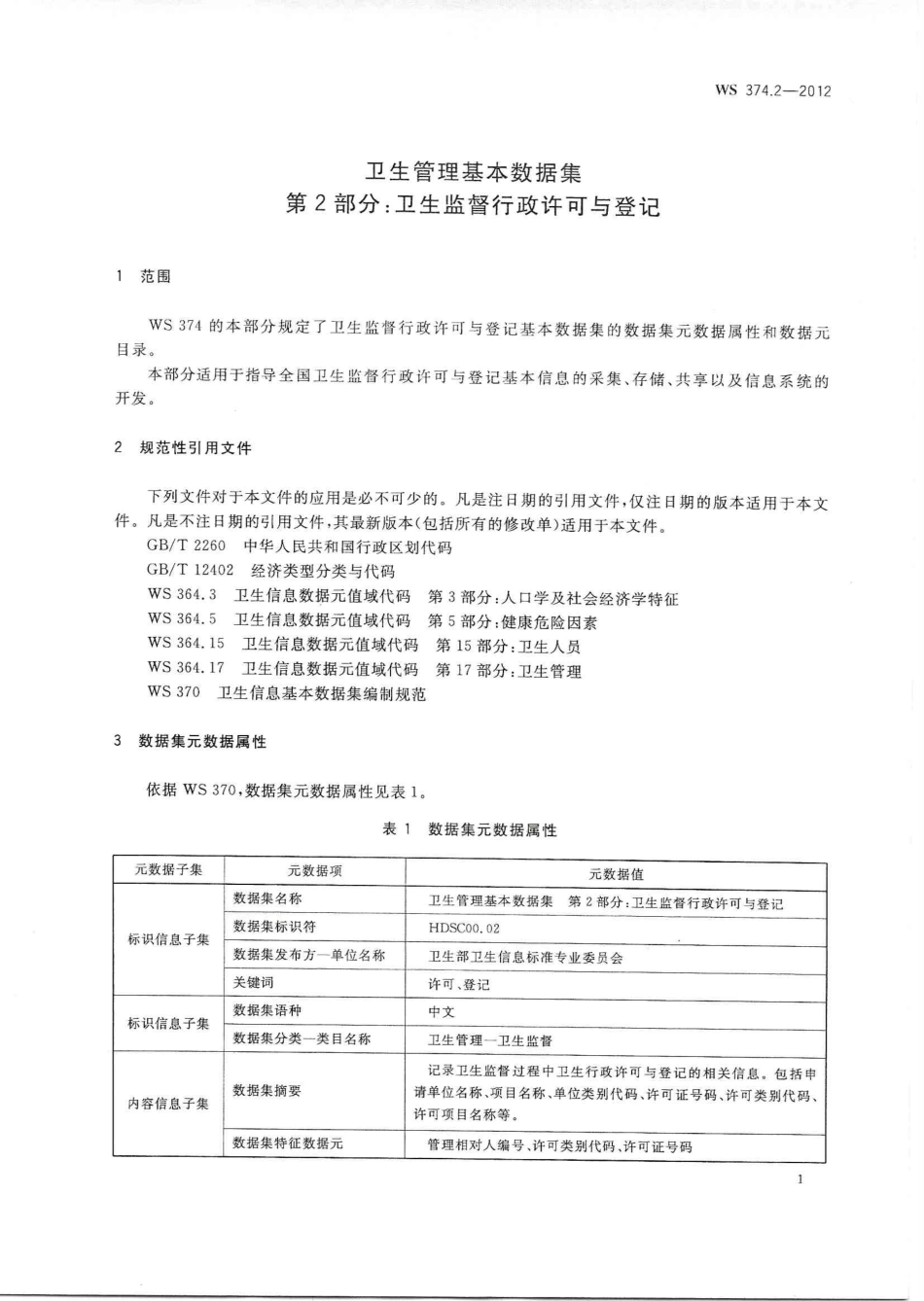 【卫生行业标准】WS 374.2-2012 卫生管理基本数据集 第2部分：卫生监督行政许可与登记.PDF_第3页