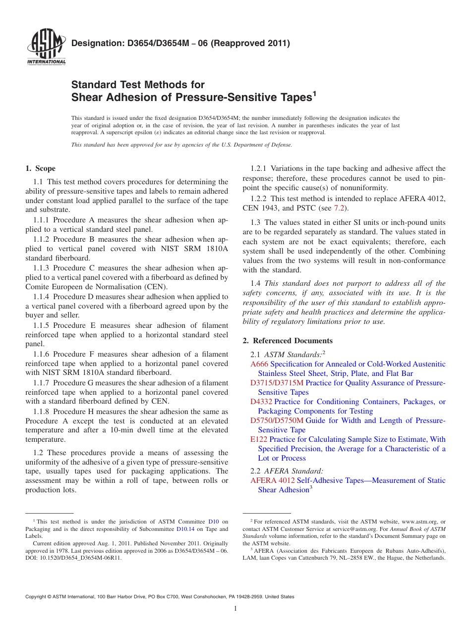 ASTM D3654 - D 3654M - 06 (2011).pdf_第1页