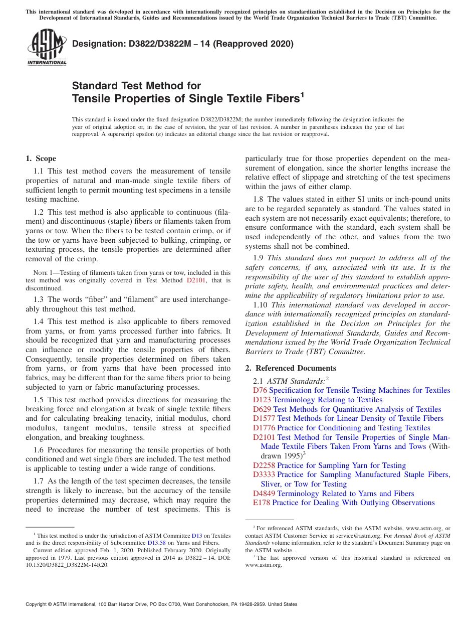 ASTM D3822 - D 3822M - 14 (2020).pdf_第1页
