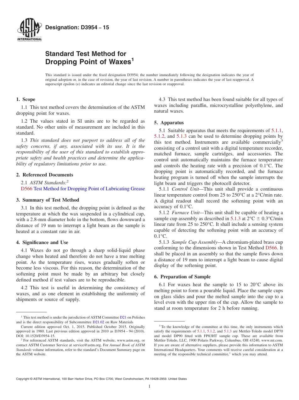 ASTM D3954-15 Standard Test Method for Dropping Point of Waxes.pdf_第1页