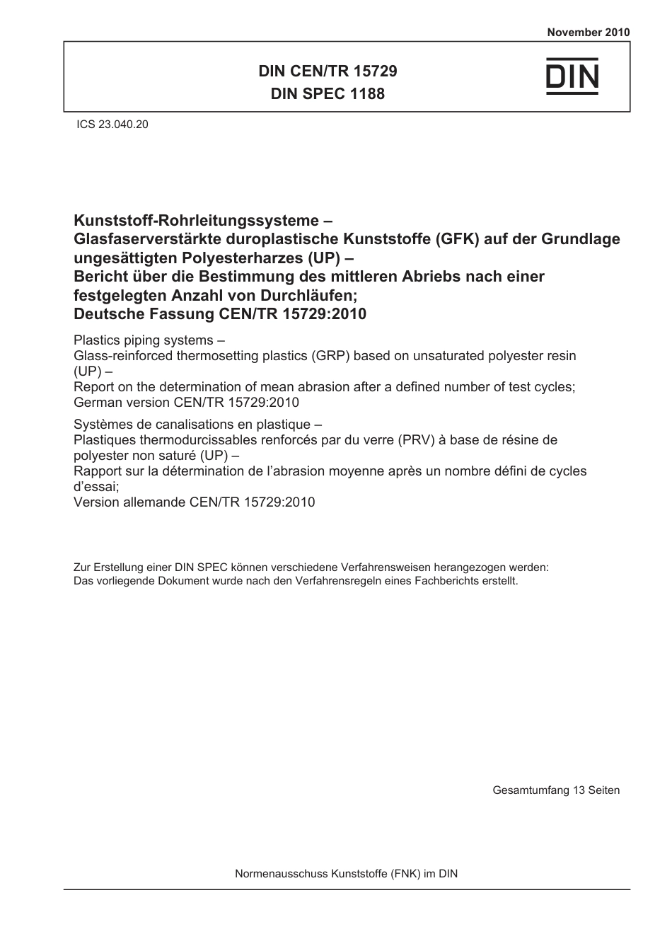 DIN SPEC 1188 DIN CEN TR 15729 2010-11.pdf_第1页