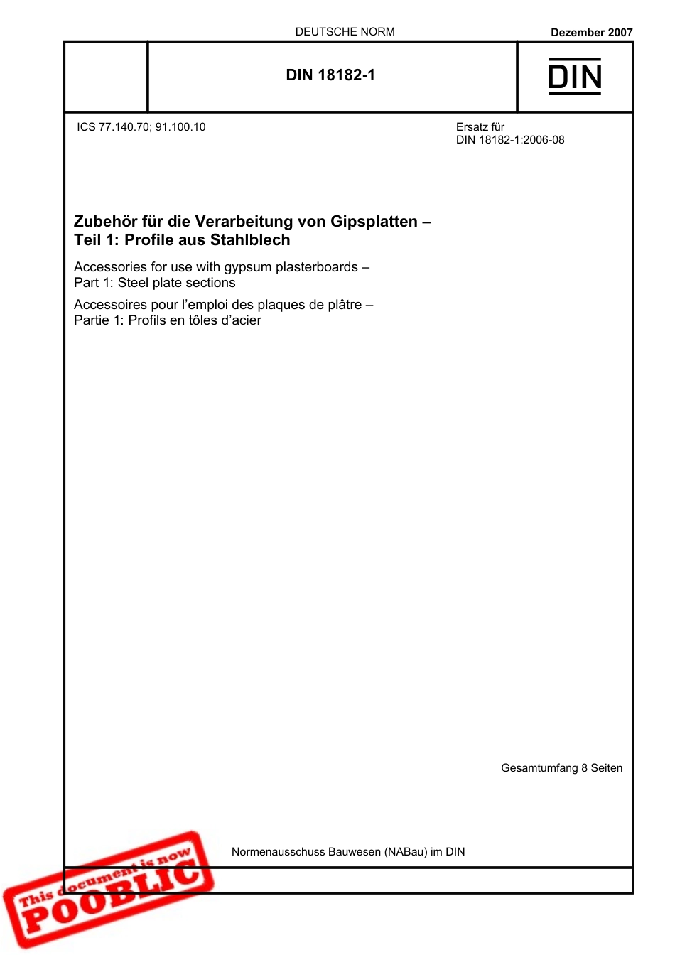 DIN 18182-1꞉2007 (DE) ᴾᴼᴼᴮᴸᴵᶜᴽ.pdf_第1页