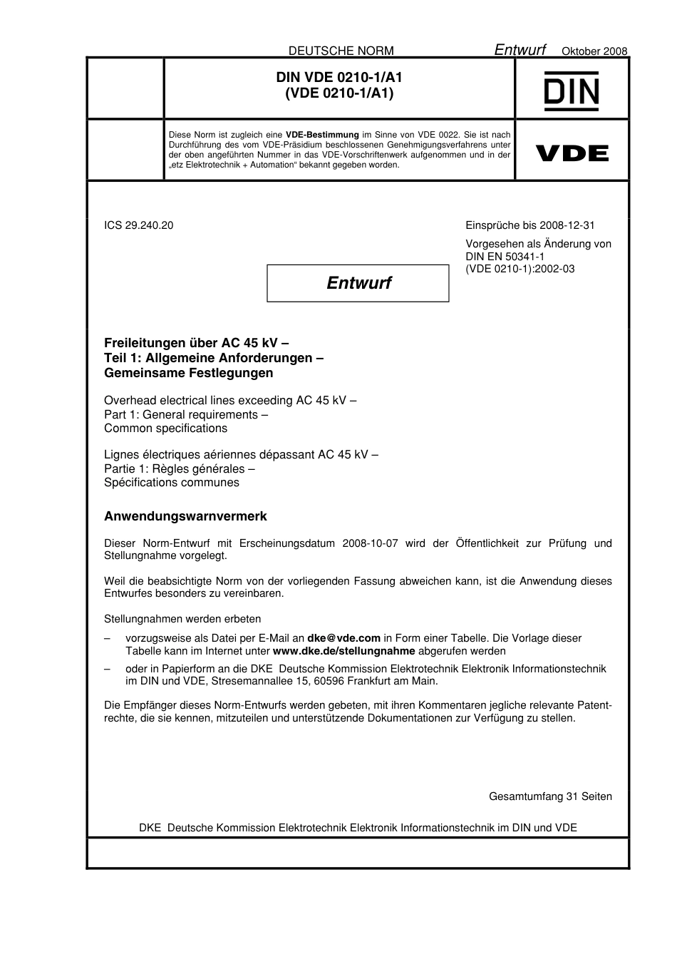 VDE 0210-1 A1 E DIN VDE 0210-1 A1 2008-10.pdf_第1页