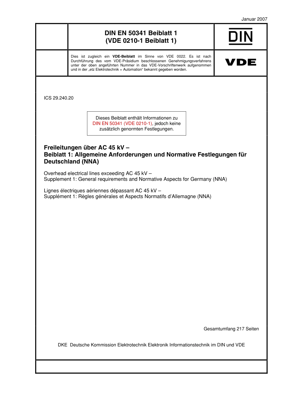 VDE 0210-1 Bei 1 DIN EN 50341 Bei 1 2007-01.pdf_第1页