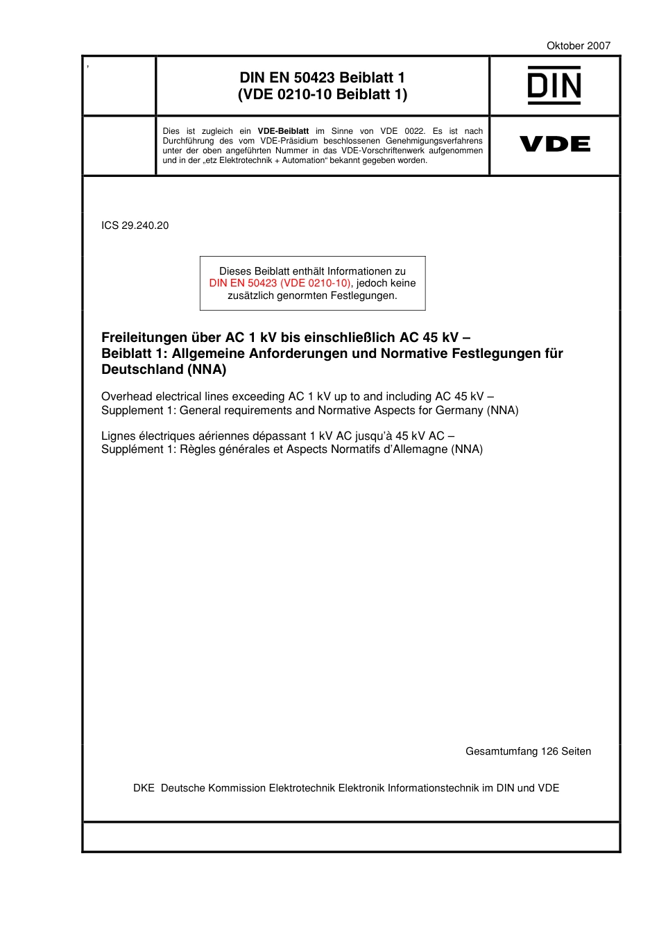 VDE 0210-10 Bei 1 DIN EN 50423 Bei 1 2007-10.pdf_第1页